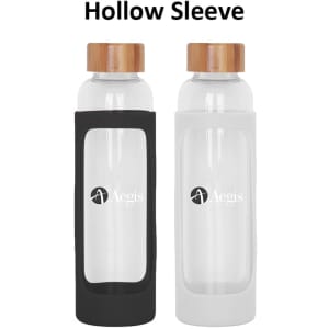 A drink bottle featuring a glass body with a bamboo lid, available in black and white with a hollow sleeve design.