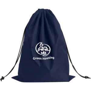A navy drawstring laundry bag with a logo on the front and a wide base for stability.