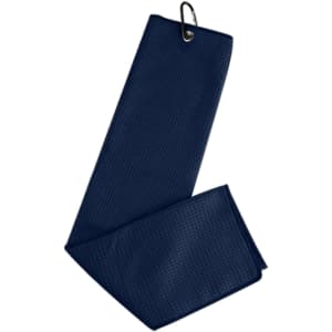 A navy waffle golf towel featuring a hook for attachment. The fabric has a textured pattern.