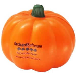 An orange pumpkin-shaped stress reliever with a green stem and a logo on one side.