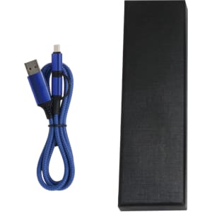 A blue braided charging cable with a USB connector and a black rectangular box packaging.