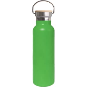 A drink bottle in vibrant green with a bamboo lid and stainless steel accents. It features a carrying handle.