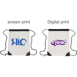 Clear PVC drawstring bag in transparent with black corners, featuring two different prints. One has a blue logo, the other a purple design.