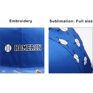 A blue baseball cap featuring white baseball motifs, with embroidered and sublimated designs. It has a logo on the front.