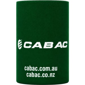 A green stubby holder with a logo and text, designed for drinkware.