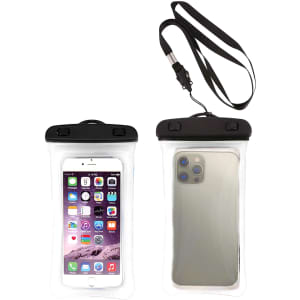 A waterproof case for a smartphone, featuring a clear plastic design with a black top and a neck strap.