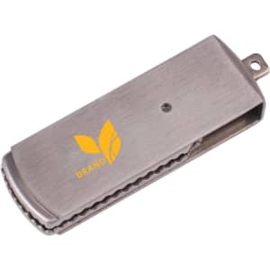 A metallic rectangular swivel flash drive with a logo, featuring a sleek, brushed finish.