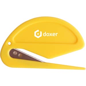 A yellow letter opener with a curved design and a blade, featuring a logo on the side.