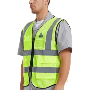 A hi-vis yellow unisex vest featuring reflective tapes and multiple functional pockets, with a logo on the front.