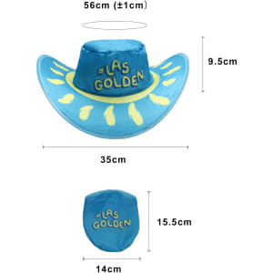 A foldable cowboy hat in blue with yellow accents, accompanied by a pouch for storage. It features a logo.