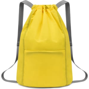 A yellow bucket drawstring backpack with grey straps and a front pocket. Features a simple, minimalist design.