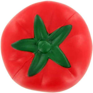 A red tomato-shaped stress reliever with a green stem. It has a smooth texture and a vibrant colour.
