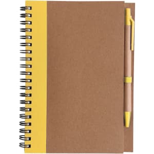 A Kraft notebook with a yellow spine and a matching ballpoint pen attached.