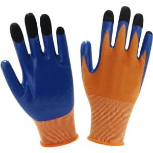 Blue and orange insulated gloves with a textured grip and black fingertips, featuring a logo on the wrist.