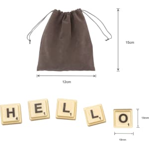 A set of cream-coloured letter tiles spelling "HELLO" with a brown drawstring pouch for storage.