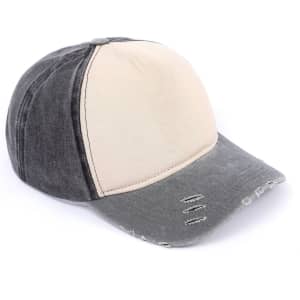 A distressed cotton baseball cap featuring a two-tone design in grey and beige, with a worn look and logo.