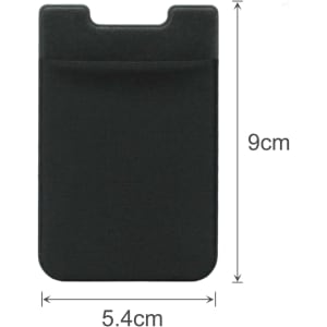 A black Lycra Smart Wallet with a single pocket, measuring 9cm in height and 5.4cm in width.