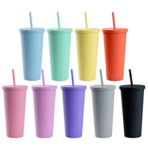 A collection of 10 matte plastic cups in various colours, each with a lid and straw, featuring a logo.