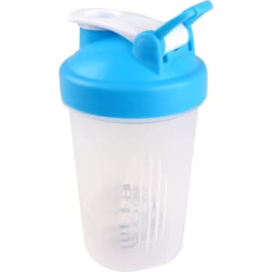 A drink bottle with a transparent body and a blue lid, featuring a loop and internal mixing ball.