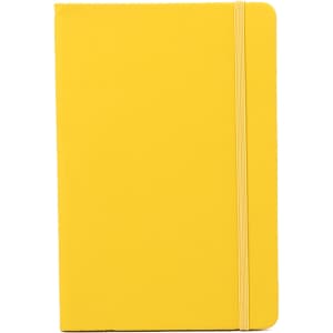 A yellow PU A6 notebook with a soft cover and an elastic band closure, featuring branding on the cover.
