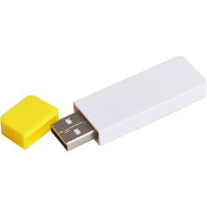 A white flash drive with a yellow cap, showcasing a USB connector. Features a logo on the side.