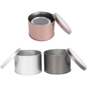 Medium tins with transparent windows, featuring pink, silver, and grey finishes. Each tin has a removable lid.