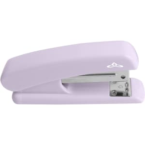 A purple stapler with a sleek design, featuring a shiny metal staple mechanism and a small logo.