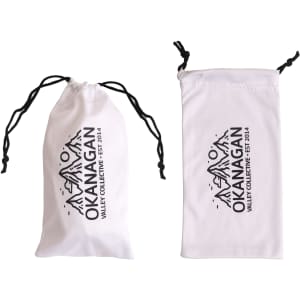 A white sunglasses pouch with a drawstring closure, featuring a logo design. Two pouches are displayed side by side.