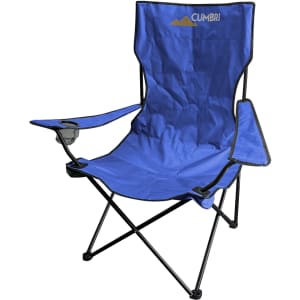 A large foldable camping chair in bright blue with a black frame and a cup holder. It features a logo on the back.
