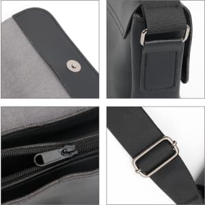 A polyurethane shoulder bag in grey and black, featuring a zipper, snap closure, and an adjustable strap.