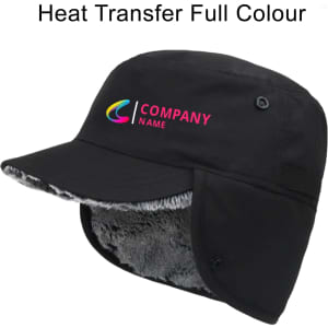A thickened earflap hat in black with a soft interior and a logo on the front.