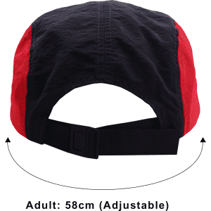 A lightweight five-panel flat bill cap featuring a red and black design, adjustable strap at the back, and a logo.