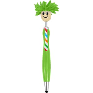 A green pen with a smiling character head and fuzzy green hair. It features a striped tie and has a logo.