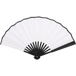 A bamboo hand fan with a black frame and white fabric, featuring multiple pleats and a central pivot.