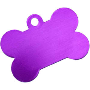 A purple bone-shaped pet ID tag with a hole for attachment. Features a smooth, brushed metal finish.