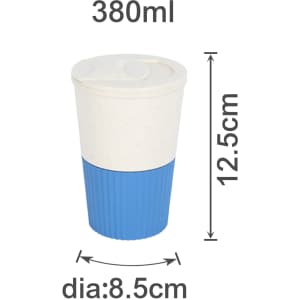 A drink bottle featuring a cream top and blue textured bottom, with a lid and measurement details.