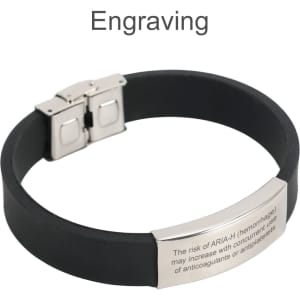 A black bracelet featuring an engraved stainless steel buckle latch, showcasing a sleek and modern design.