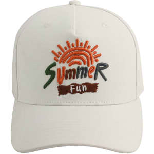 A white baseball cap with a vibrant sun and "Summer Fun" embroidery, featuring a logo on the front.