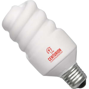 A white, spiral-shaped stress reliever in the form of an electrical saving lamp, featuring a logo.