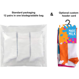 A set of knee-high custom pattern socks in vibrant orange, blue, and white colours, packaged in a biodegradable bag.