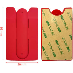 A red phone wallet stand with adhesive backing, featuring a minimalist design and dimensions of 95mm by 56mm.