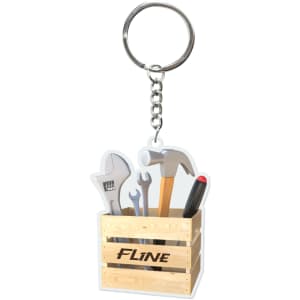 A custom-shaped acrylic keyring featuring a wooden crate filled with tools, including a wrench, hammer, and screwdriver.