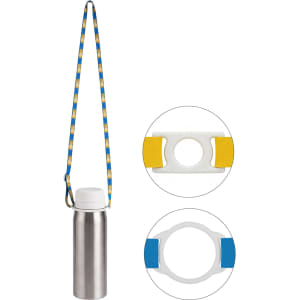 A drink bottle with a stainless steel body, featuring a blue and yellow lanyard and a white cap. It has a branding logo.