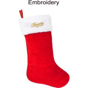A red and white embroidered Christmas stocking with a plush white cuff and hanging loop.