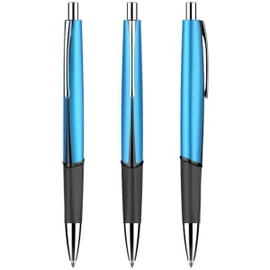 Three blue plastic pens with black grips and silver accents, featuring a logo on the barrel.