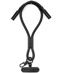 A black charging phone strap with two connectors and a clip attachment. It features a sleek, flexible design.