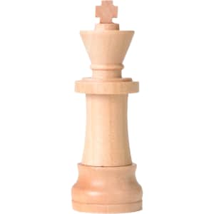 A wooden chess king piece featuring a light natural finish, standing upright against a white background.