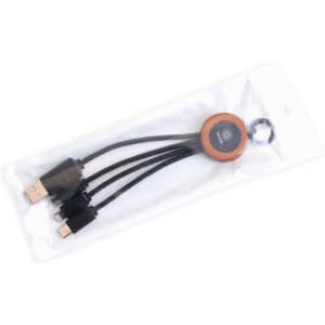 A round, light-up charging cable with multiple connectors, displayed in a clear package. Features a logo on the round part.
