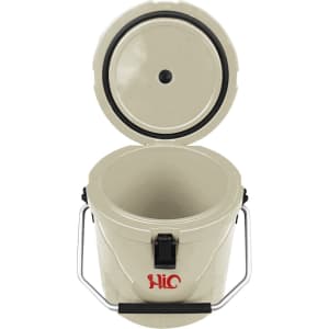 A 12L ice bucket in cream with a black handle, featuring a lid and an internal compartment.