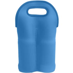 A drink bottle carrier in blue, designed to hold two beer bottles, featuring a handle for easy transport.